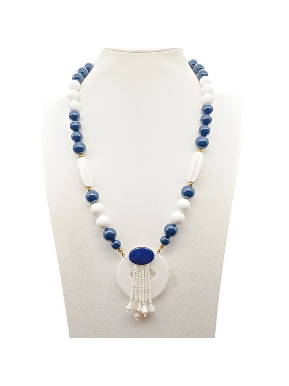 Vintage Blue & White Beaded Necklace With Circular Pendant & Tassels